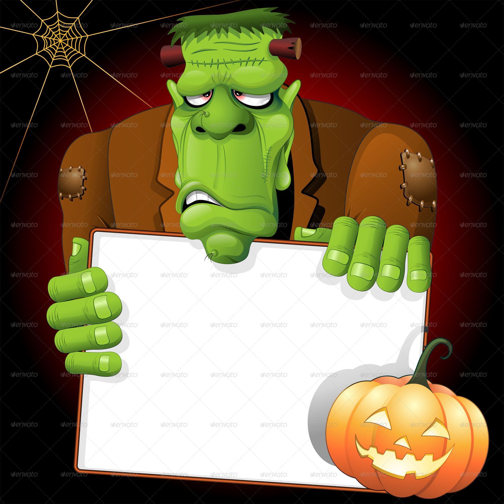 Frankenstein Cartoon with White Panel and Pumpkin by Bluedarkat